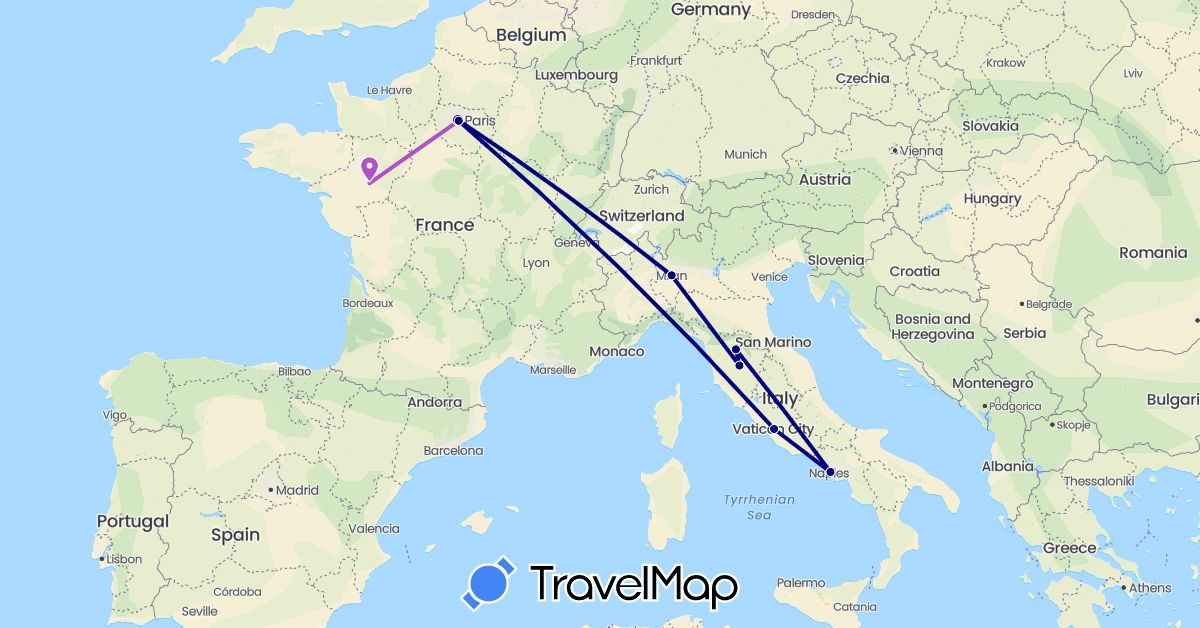 TravelMap itinerary: driving, train in France, Italy (Europe)